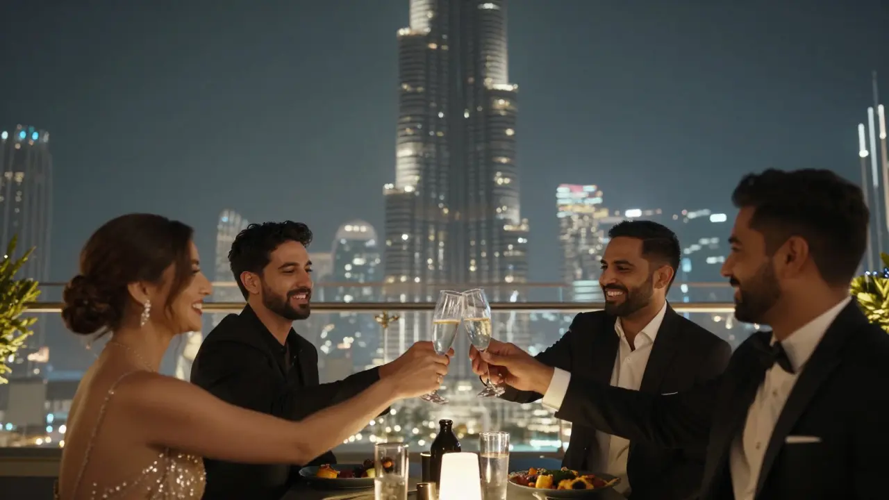 Groom and friends toasting on a rooftop lounge with Burj Khalifa glowing in the night.
