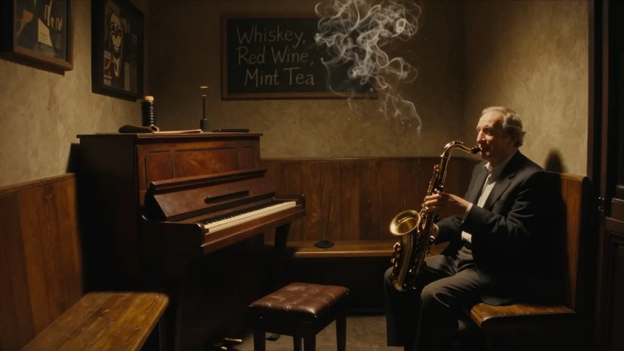 Intimate jazz club with vintage piano, saxophone, and incense smoke in warm golden light.