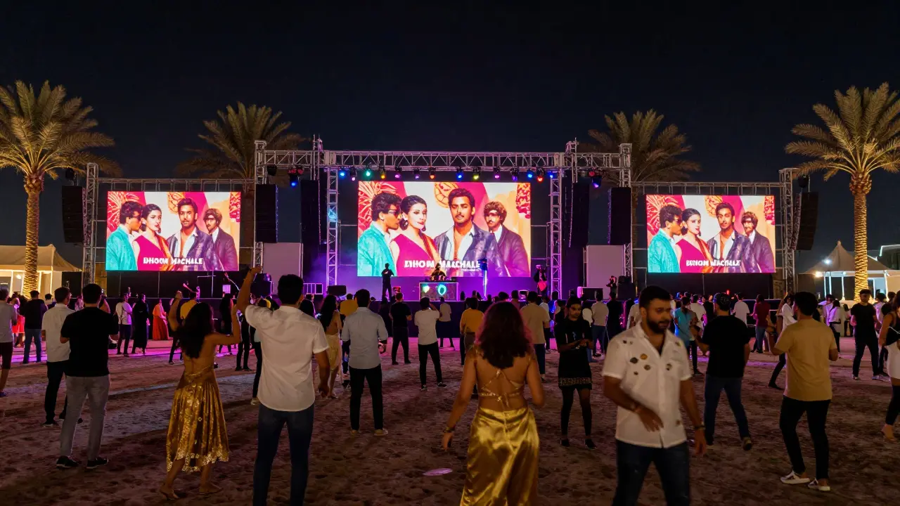 Large outdoor Bollywood party with LED screens, diverse crowd dancing under palm trees at night.
