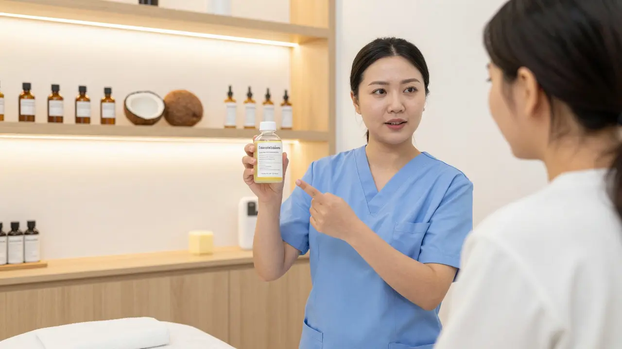 Licensed therapist showing certified oil ingredients to a client during a consultation in a clean spa room.