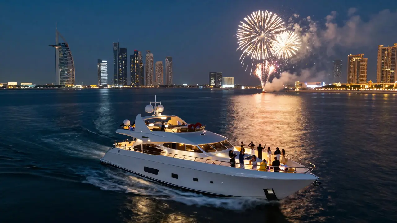 Luxury yacht cruising Dubai Marina at night with fireworks exploding above and city lights reflecting on water.