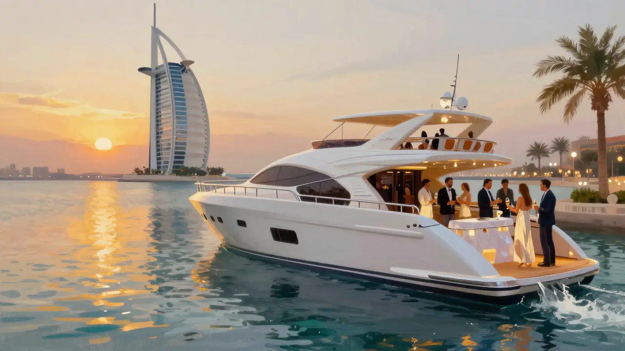Luxury yacht party at sunset near Burj Al Arab with guests toasting on deck overlooking the Arabian Gulf.
