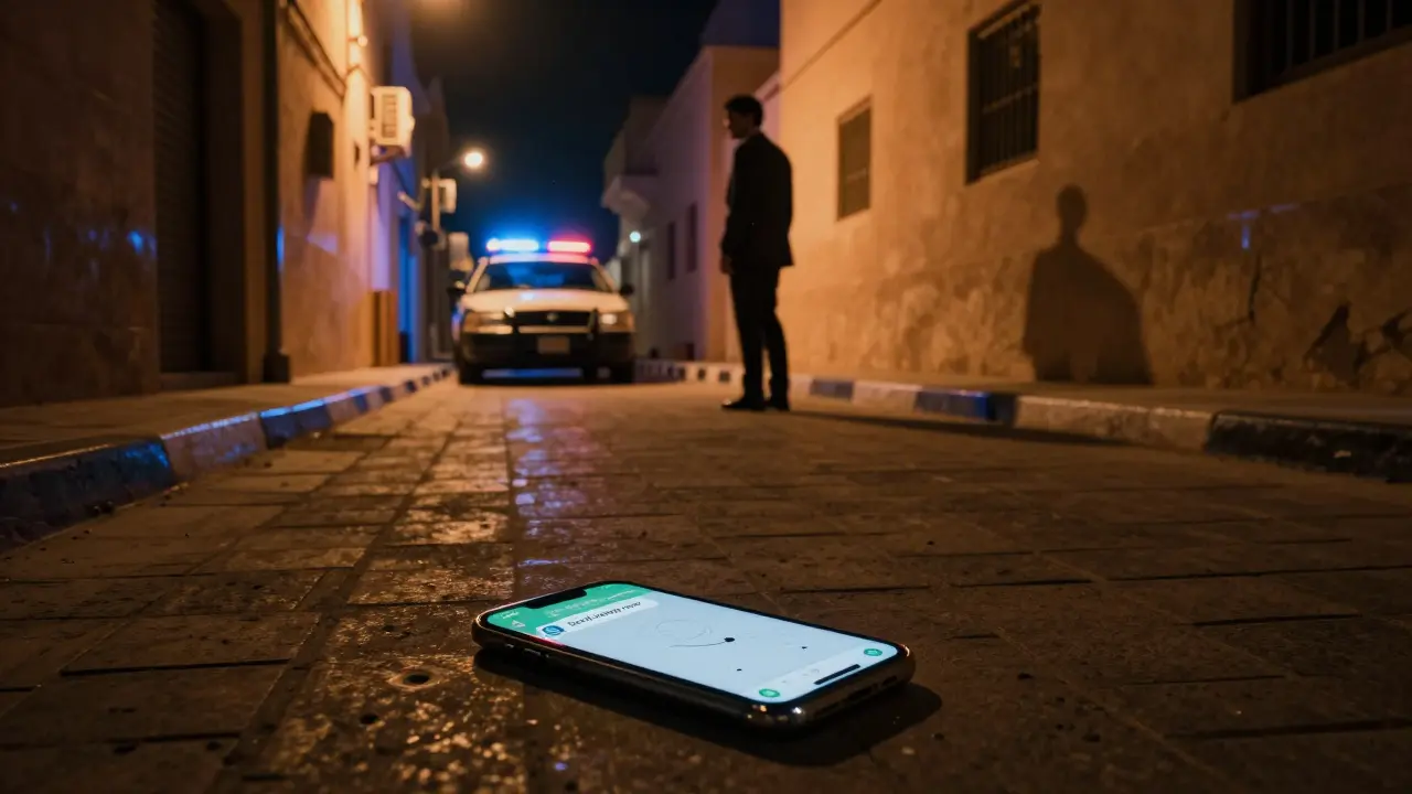Man in suit looking worried in a Dubai alley as police lights approach.