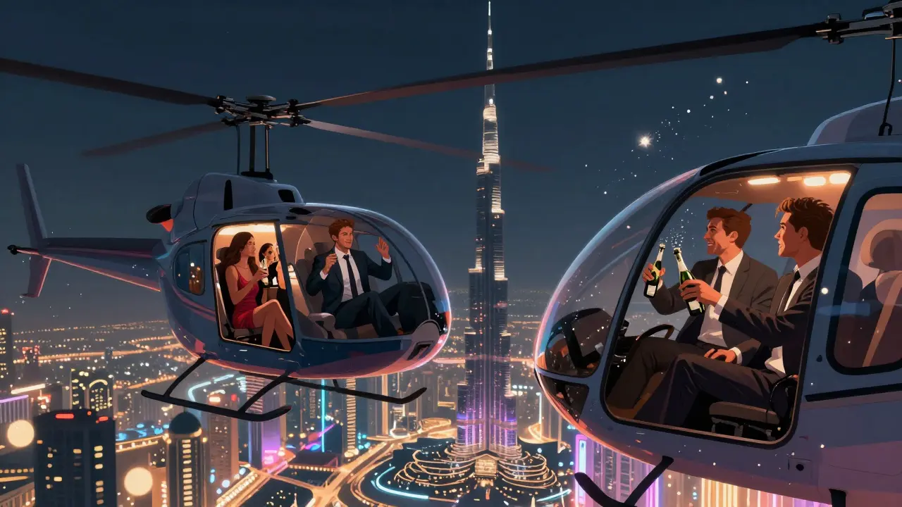 Man on helicopter platform above Palm Jumeirah at night, city lights glowing below as friends cheer inside.