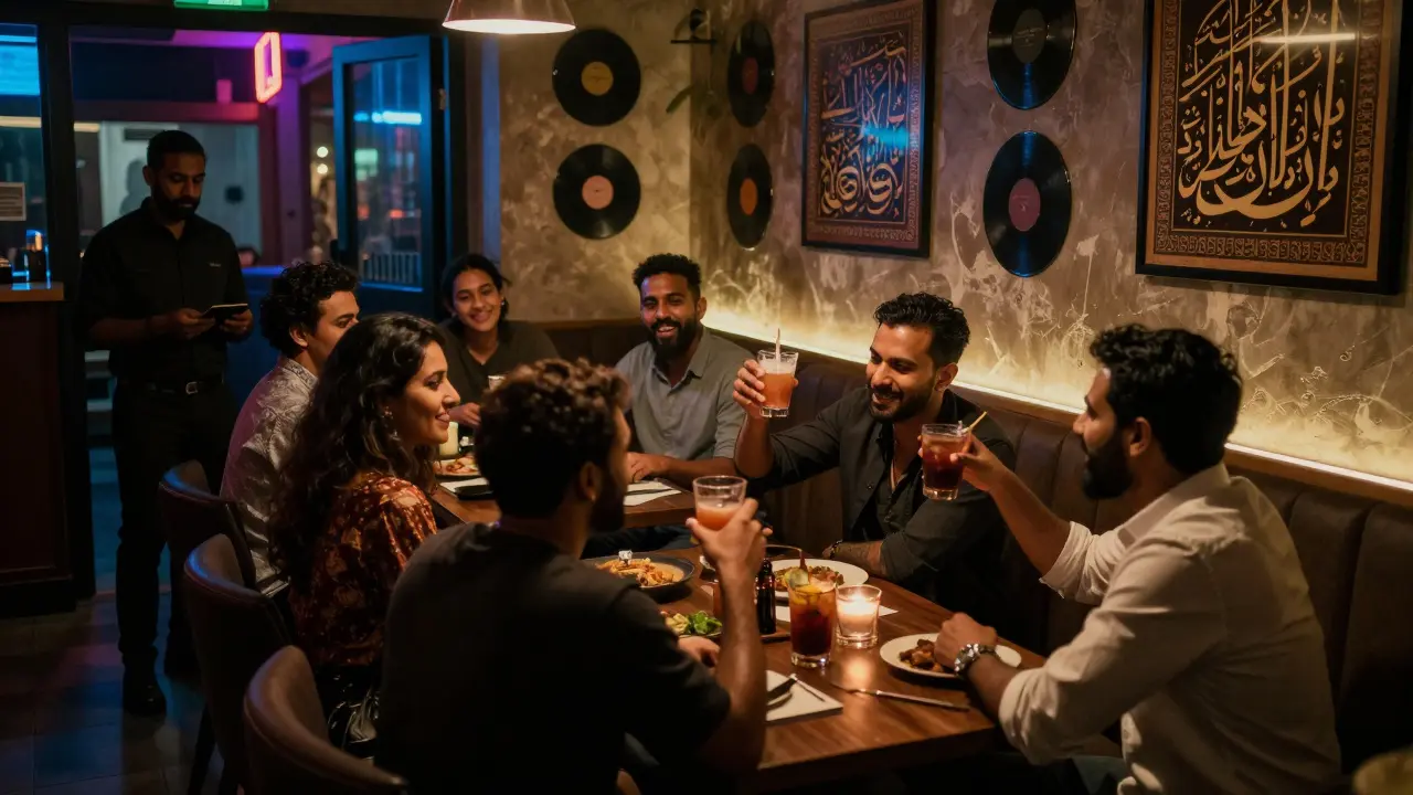 Members-only club with jazz music, patrons toasting with non-alcoholic drinks, bouncer checking IDs.