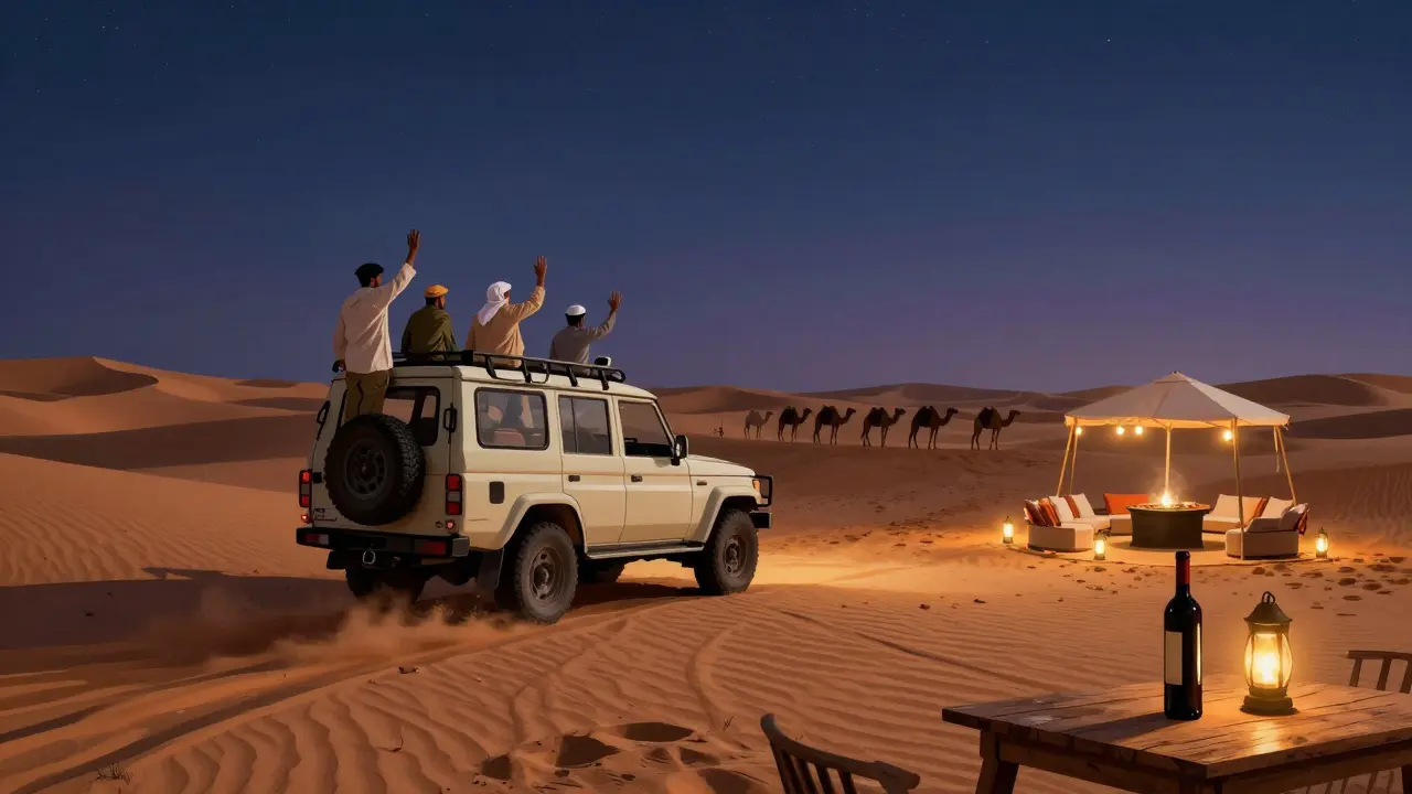 Men on a desert safari at dusk, watching a traditional BBQ under lanterns beside golden dunes.