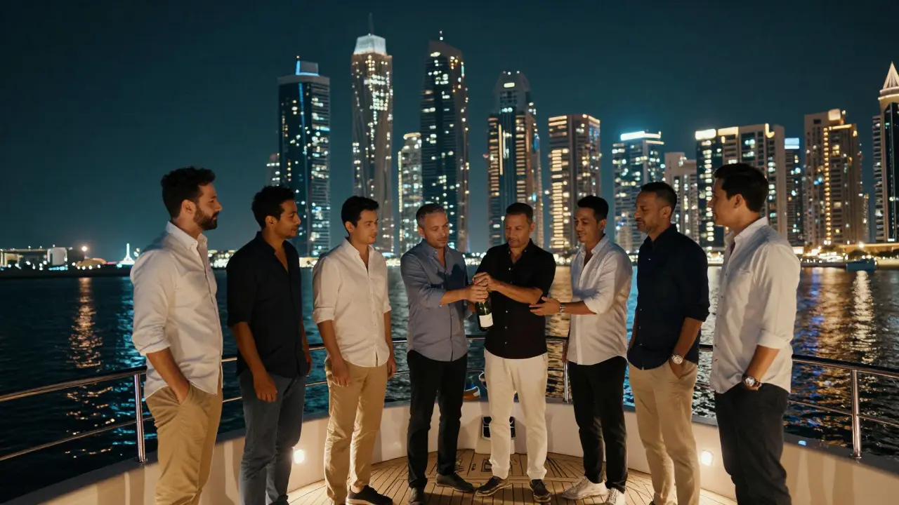Men on a luxury yacht at night with Dubai's skyline glowing in the background.
