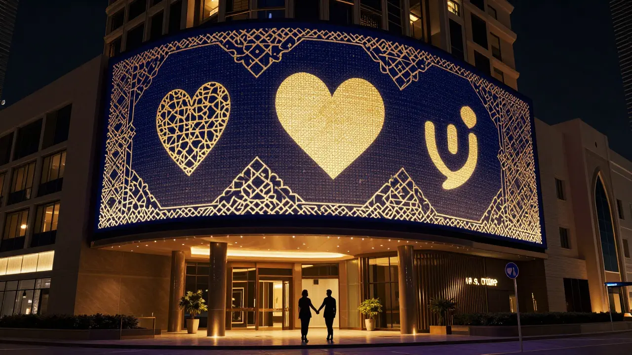 Modern Dubai hotel lobby with couple holding hands as digital billboard transforms Islamic patterns into dating app icons.