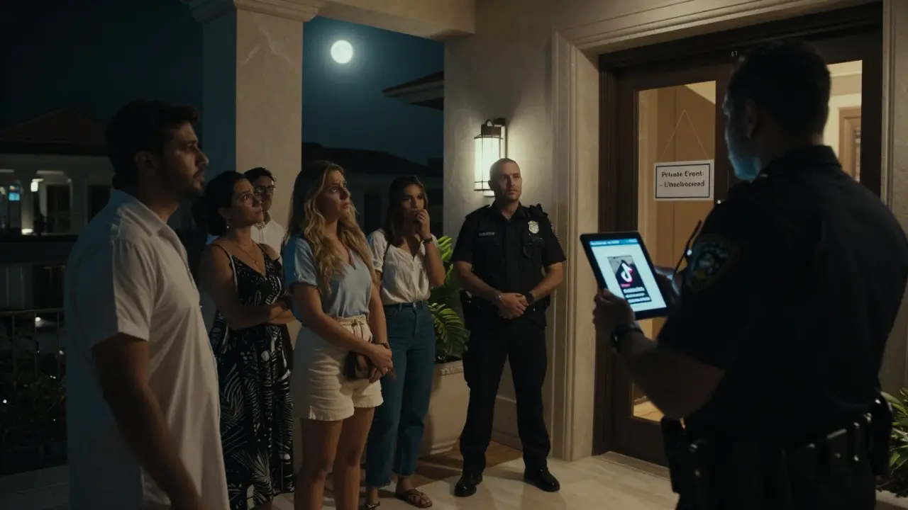 Police approaching tourists at a private villa, fake online ad visible, conveying illegal nightlife myth and consequence.