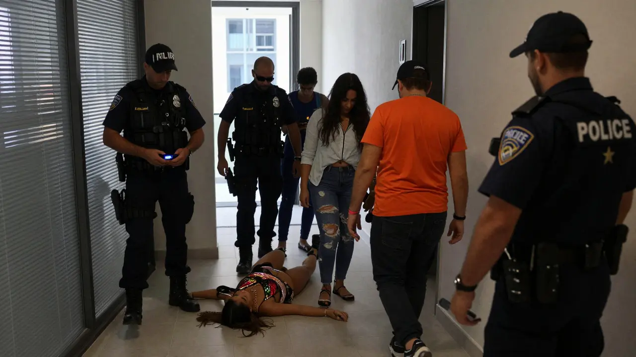 Police conduct a raid on a private party in Dubai, guests being led away, a performer&#039;s outfit on the floor.