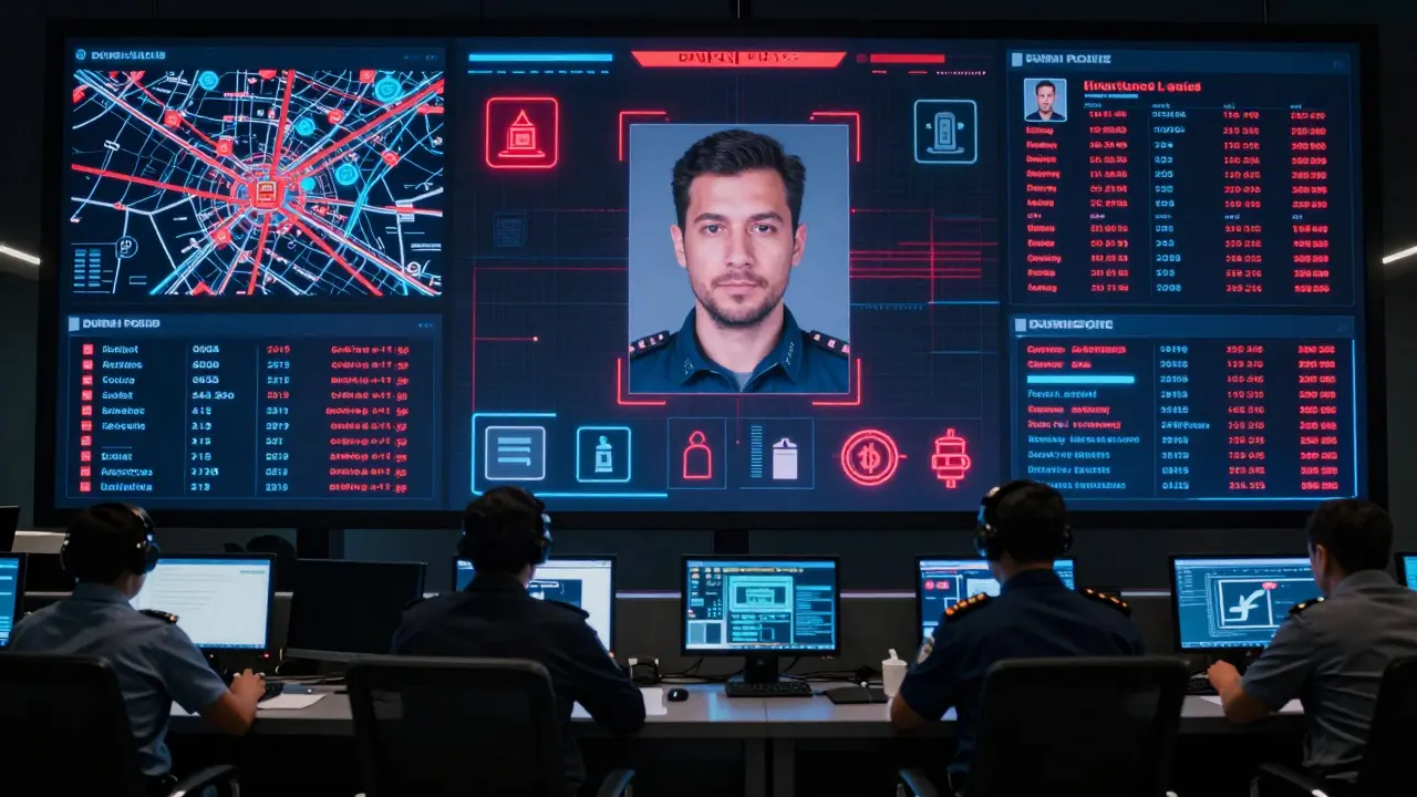 Police digital dashboard tracking encrypted apps, facial recognition, and crypto transactions in Dubai.