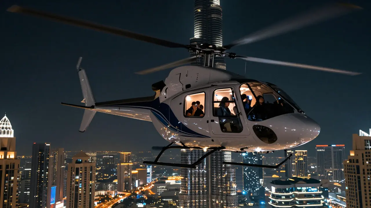 Private helicopter flying over Dubai at night with Burj Khalifa and Palm Jumeirah sparkling below.