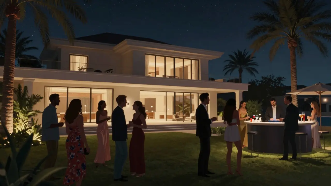 Private villa party in Palm Jumeirah at night with guests, DJ booth, and garden ambiance under starry sky.