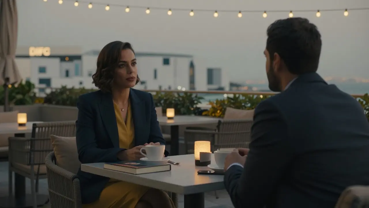 Professional woman and man having quiet conversation at a rooftop lounge in DIFC.
