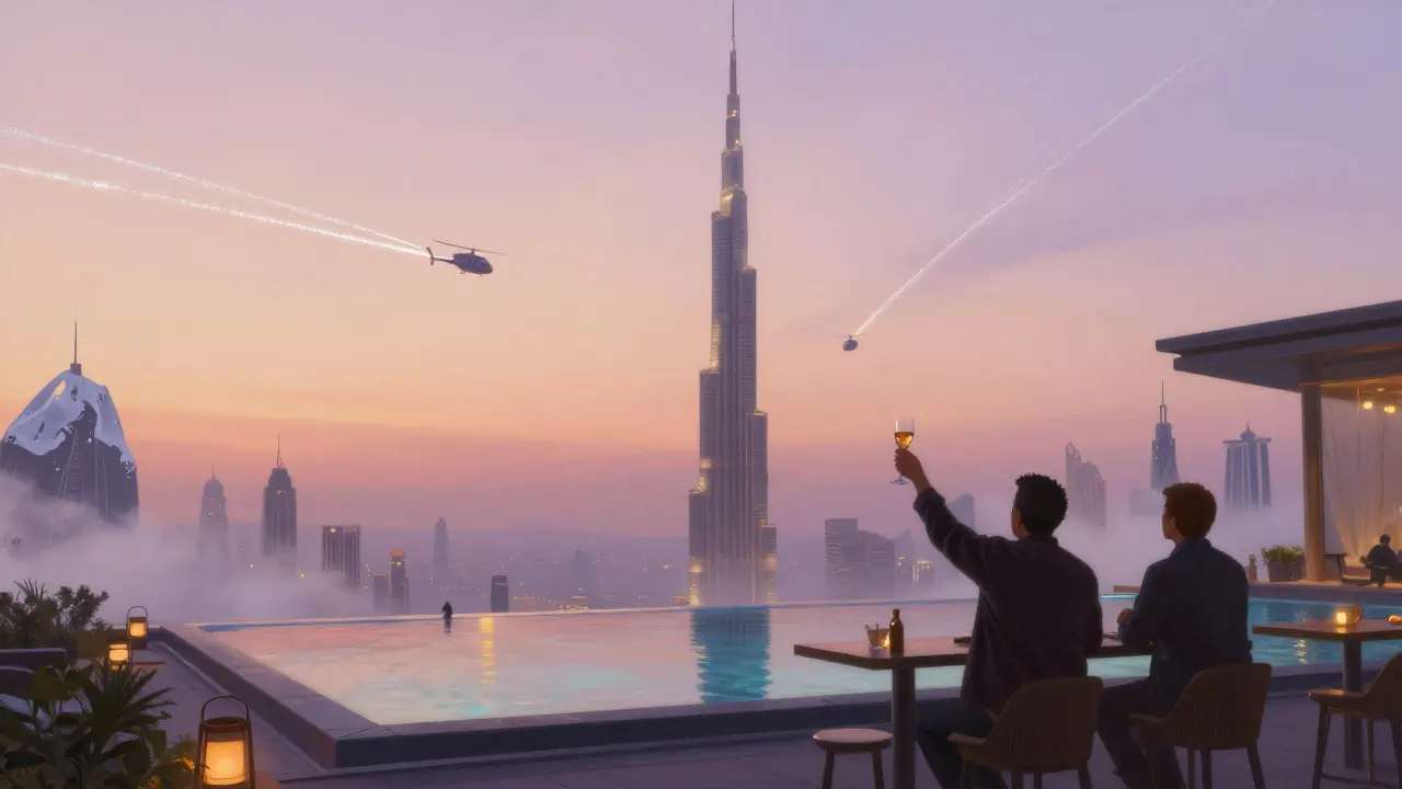 Rooftop celebration at dawn with Burj Khalifa glowing in background, guests raising glasses against skyline.