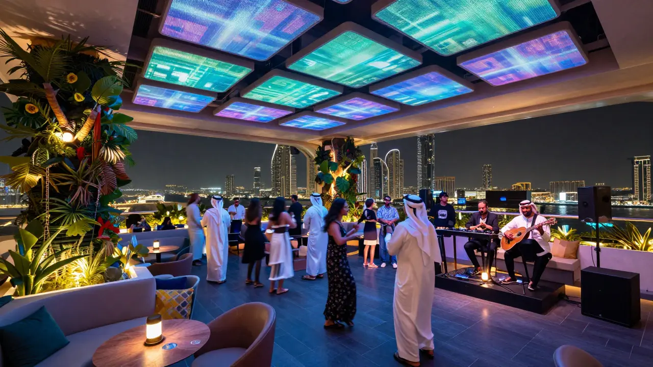 Rooftop lounge in Dubai Marina with adaptive LED lights and live Emirati musicians performing.