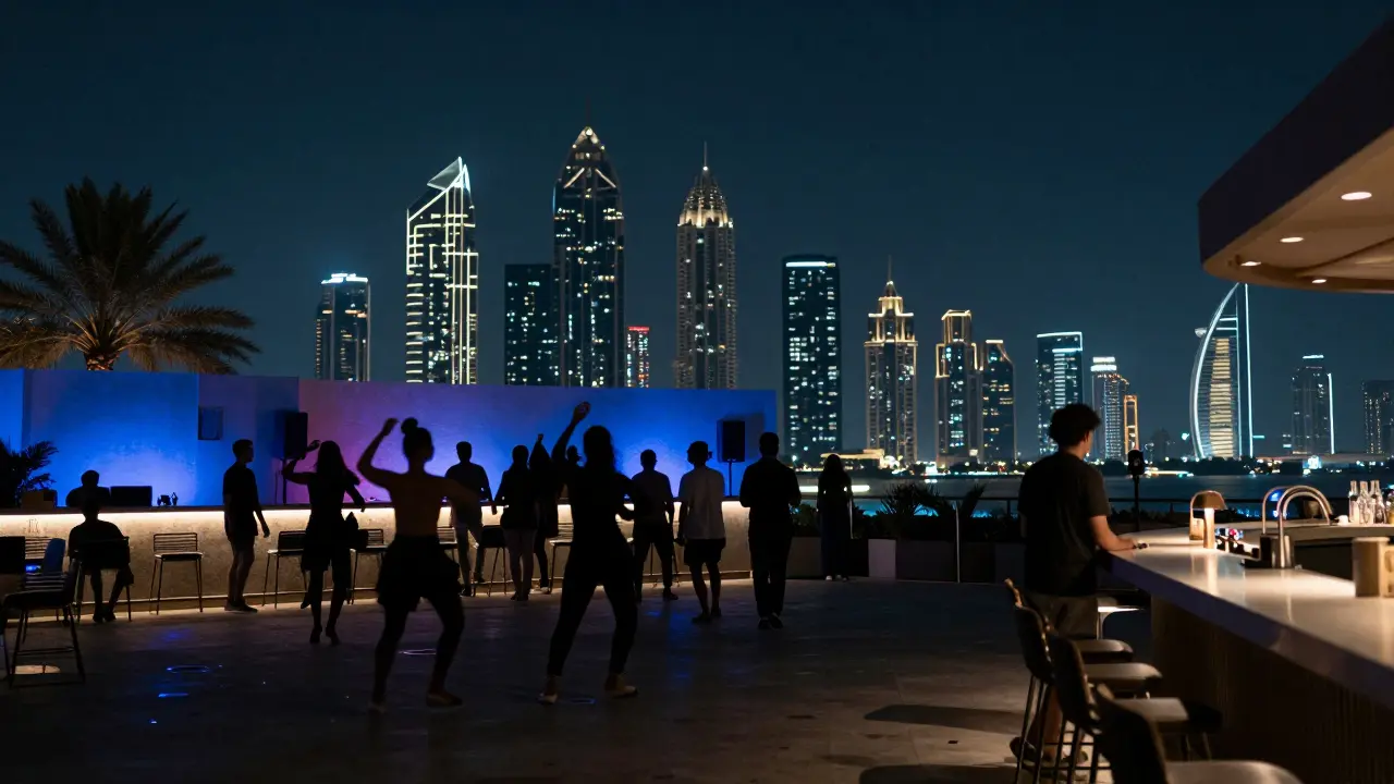 Rooftop party at Level 43 with Dubai skyline behind dancers, people stepping onto open terrace under starry night sky.