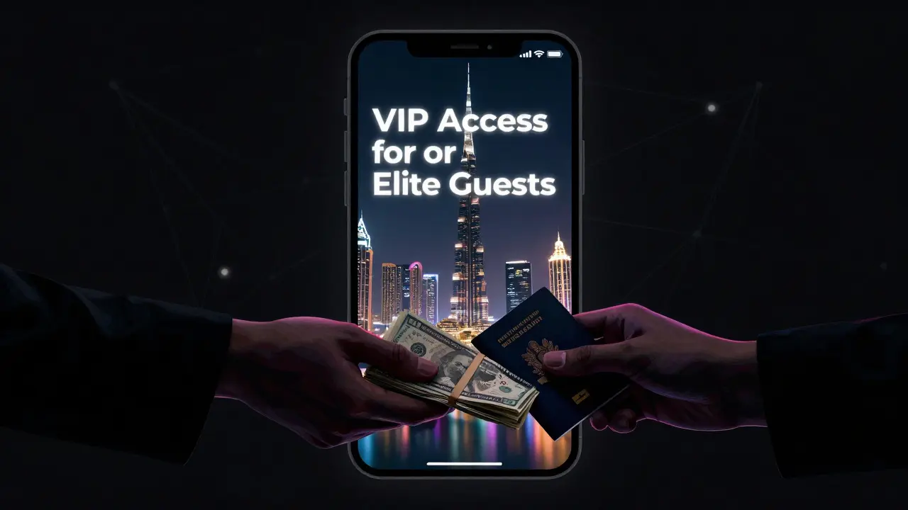 Smartphone screen showing a fake VIP ad, shadowy hands exchanging cash and documents in darkness.
