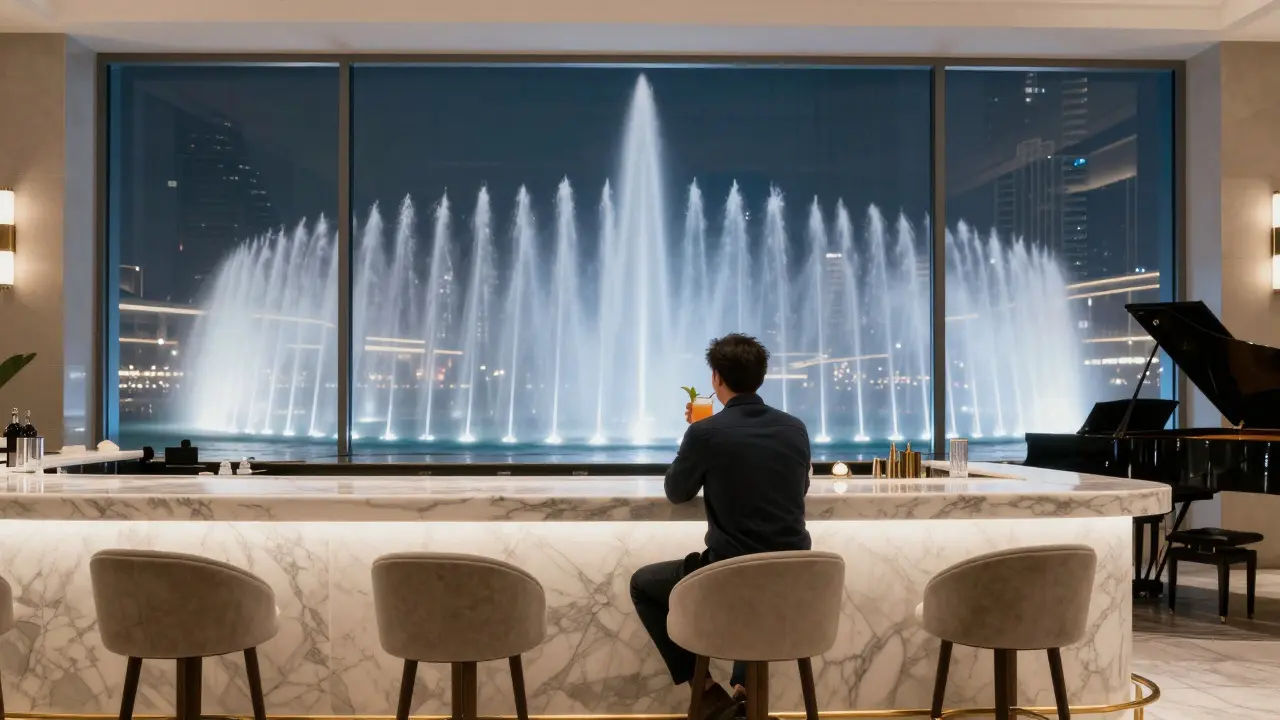 Solo traveler relaxing in a luxury hotel lobby bar as the Dubai Fountain lights up behind them.
