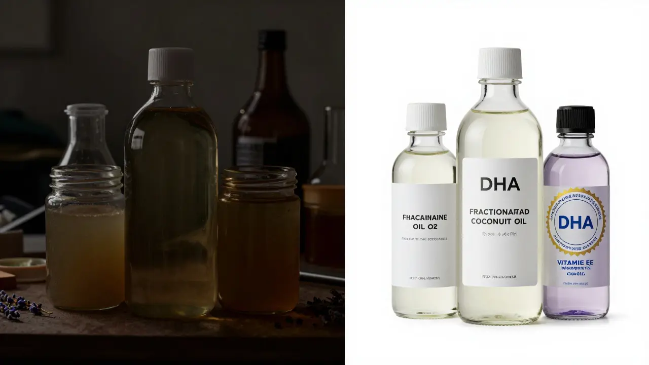 Split-screen contrast: unsafe unmarked oils vs. certified, branded massage oils under Dubai Health Authority approval.