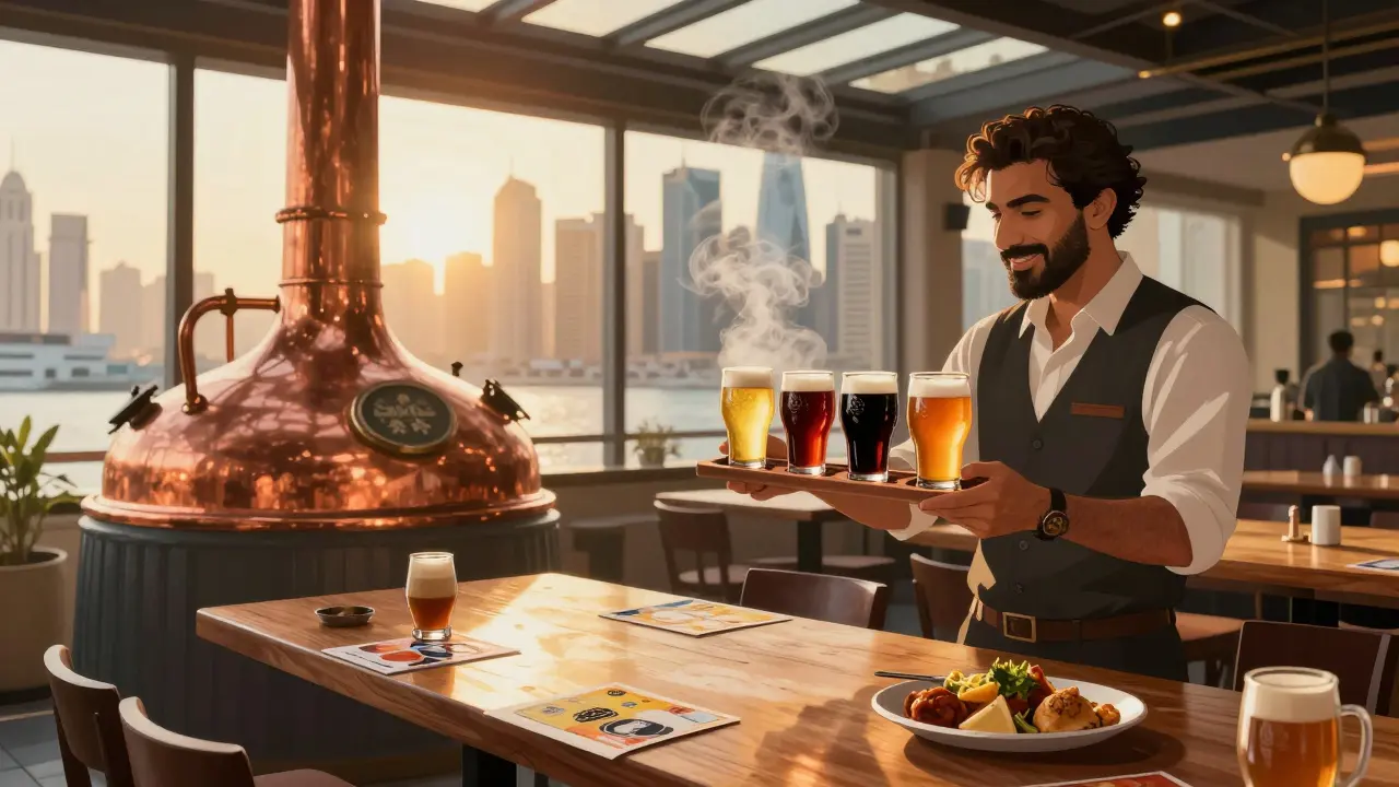 Stone &amp; Co. taproom with bartender showing a flight of four craft beers under industrial skylights.