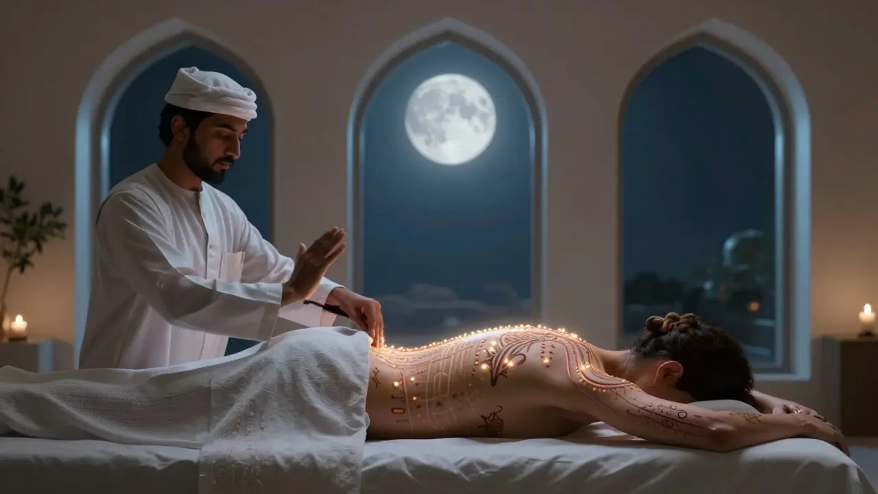 Symbolic fusion of Ayurveda, Tui Na, and Bedouin massage traditions converging in a serene modern spa setting.