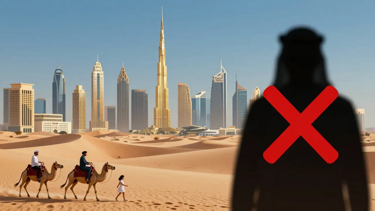 Symbolic image showing Dubai’s luxury tourism elements alongside a prohibited strip club with a red X, representing cultural values over adult entertainment.
