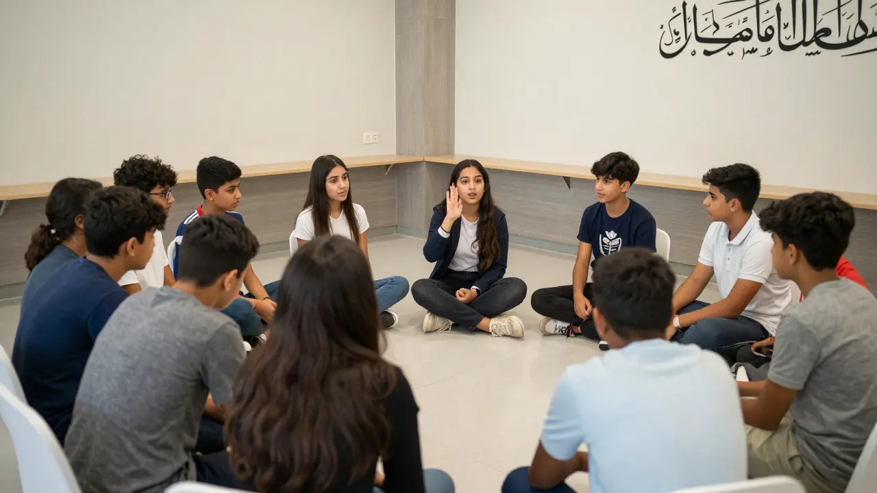 Teenagers in a culturally sensitive workshop discussing health and safety with a trained facilitator.