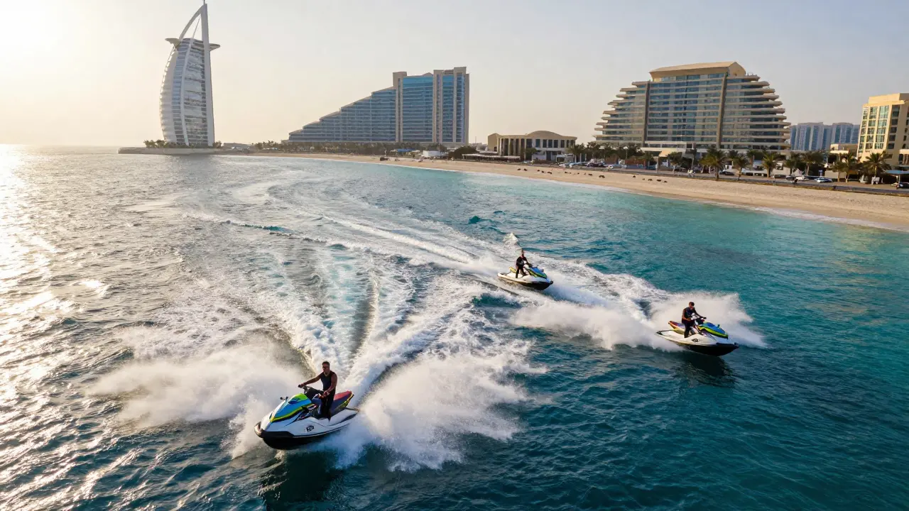 Three jet skis racing along Palm Jumeirah with water spraying and Burj Al Arab in the distance.