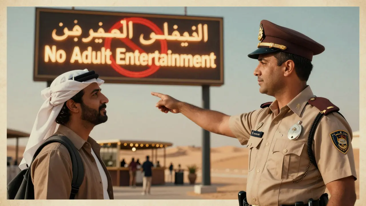 Tourist asking police for strip club directions, guided instead to luxury venues with a clear 'No Adult Entertainment' sign.