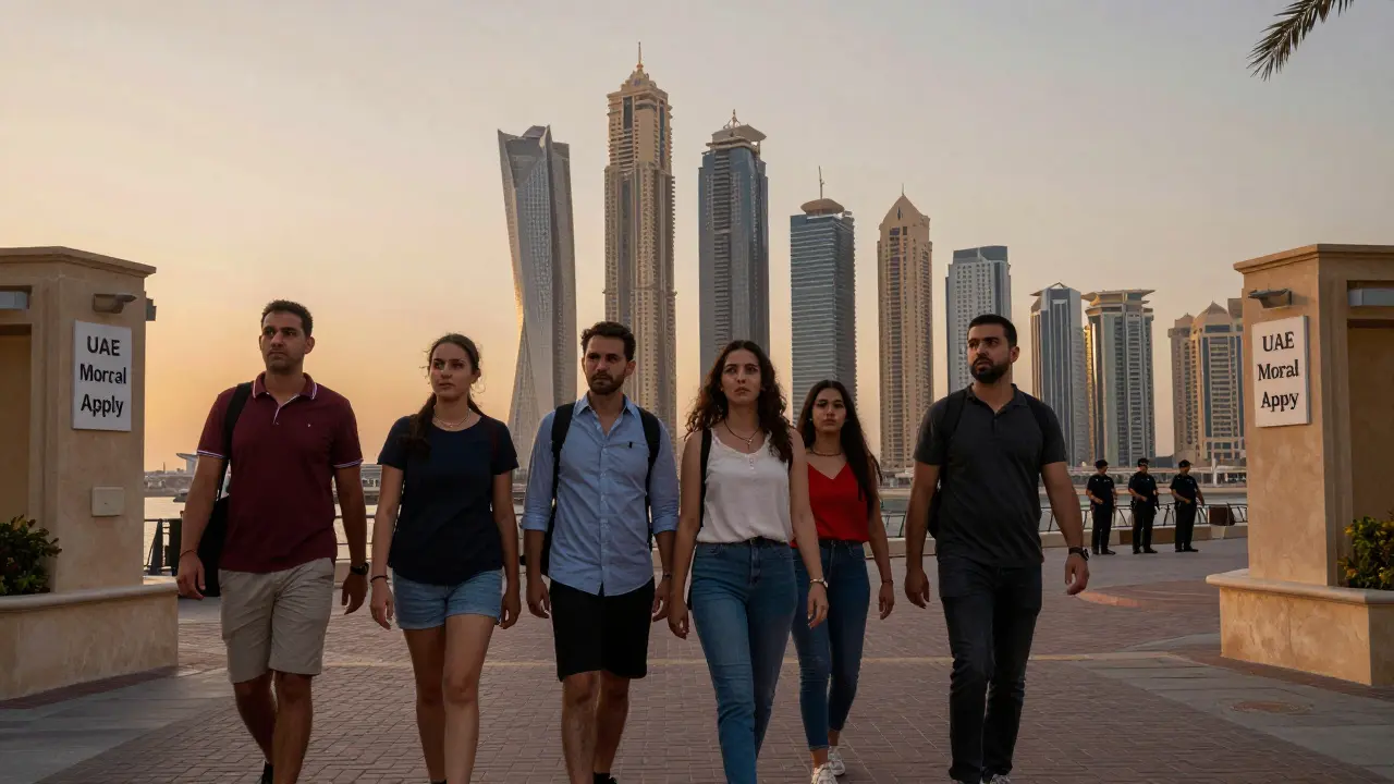 Tourists walking past Dubai Marina hotels with discreet legal warning signs, skyline glowing behind them, expressions of unease.