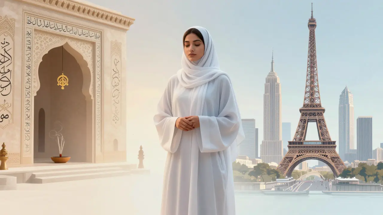 Translucent Emirati woman symbolizing cultural bridge between tradition and global cities.