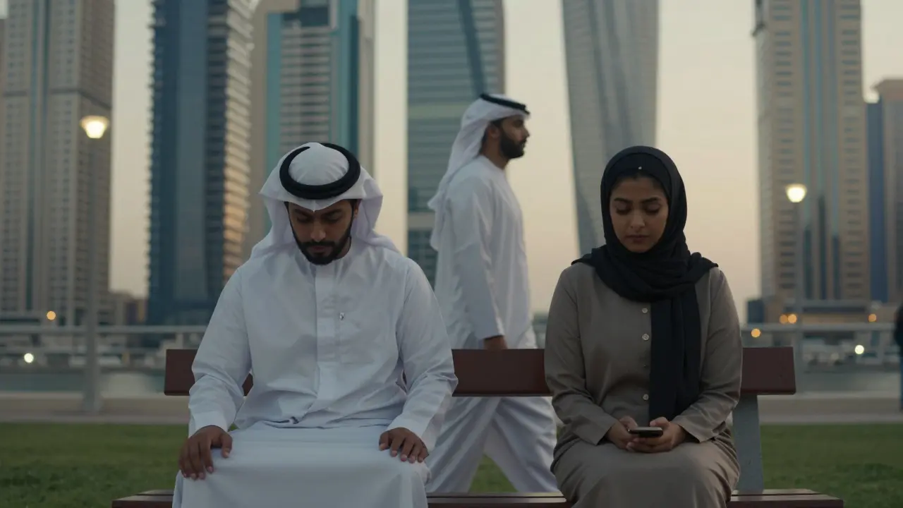 Two couples in a Dubai park at sunset, avoiding public affection despite modern surroundings.