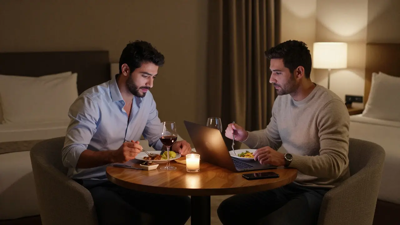 Two men having a quiet dinner in a hotel room, candlelight creating an intimate atmosphere.
