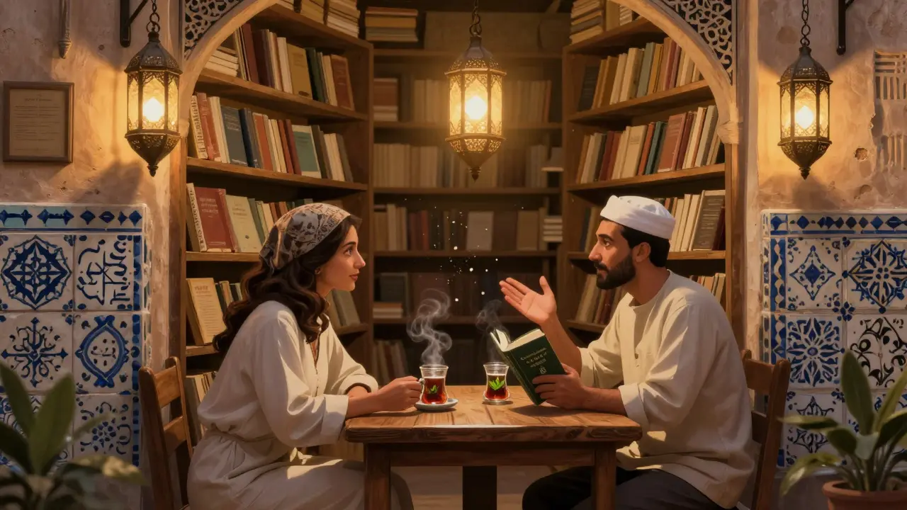 Two people discuss literature in a cozy hidden bookshop in Dubai's historic district.