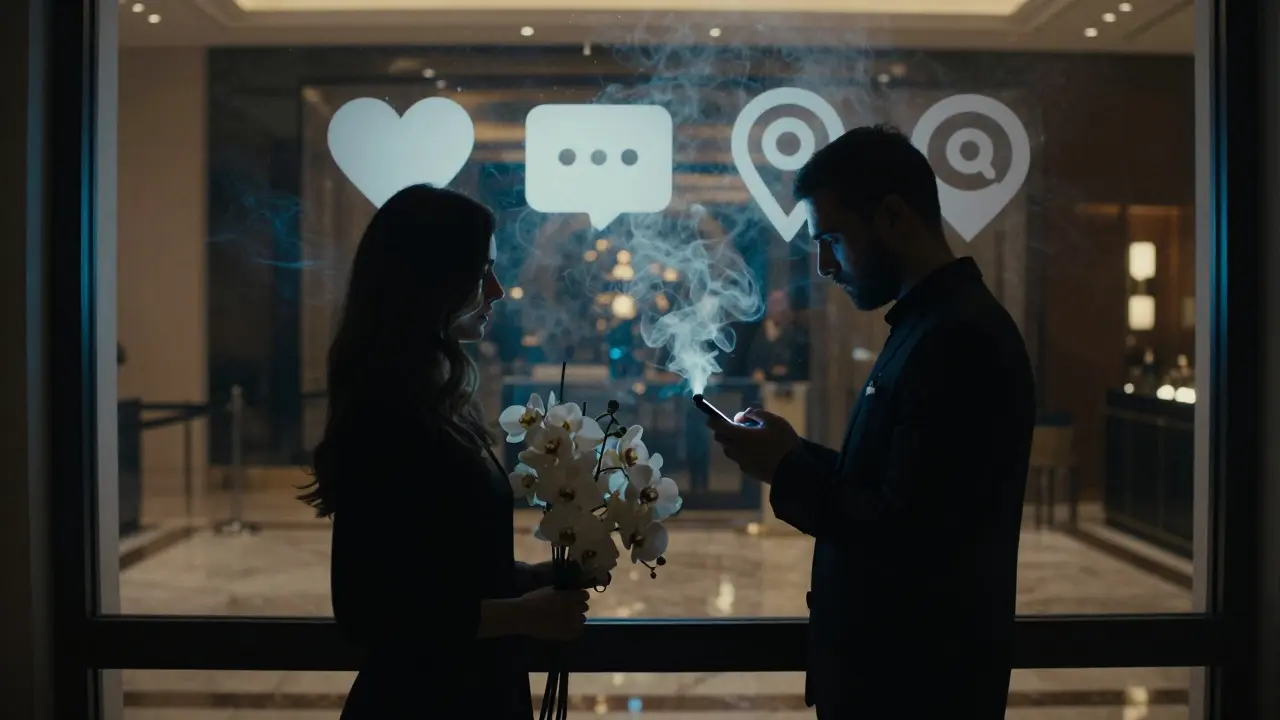 Two silhouettes meeting in a luxury hotel lobby, holding objects that hint at digital connection, surrounded by reflective surfaces.