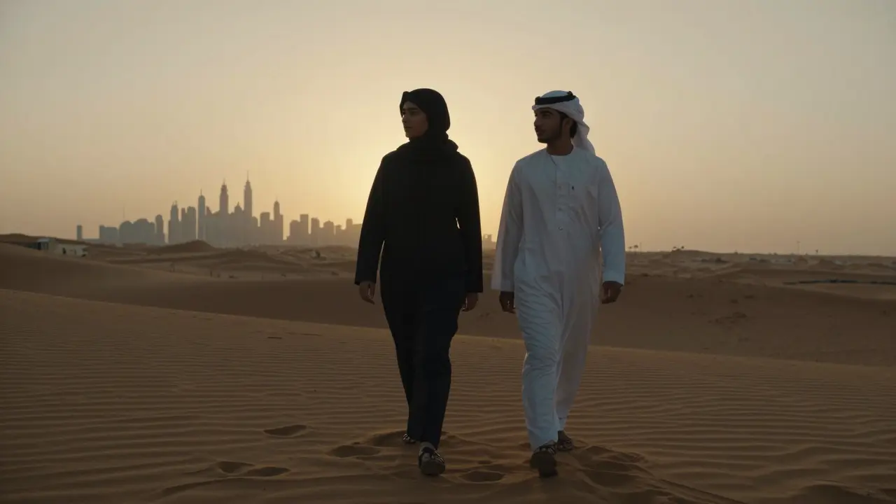 Two young Emiratis walk through desert dunes at sunset, close but not touching, embodying private intimacy.