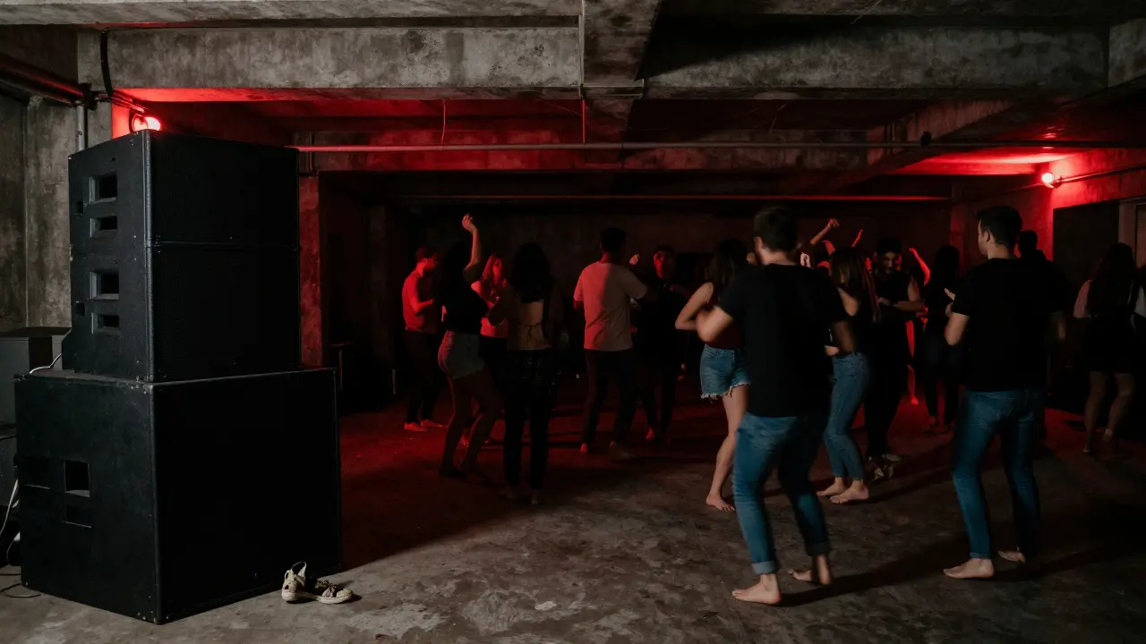 Underground techno party in The Basement warehouse, shadows of dancers, exposed concrete walls, discarded shoes near speakers.