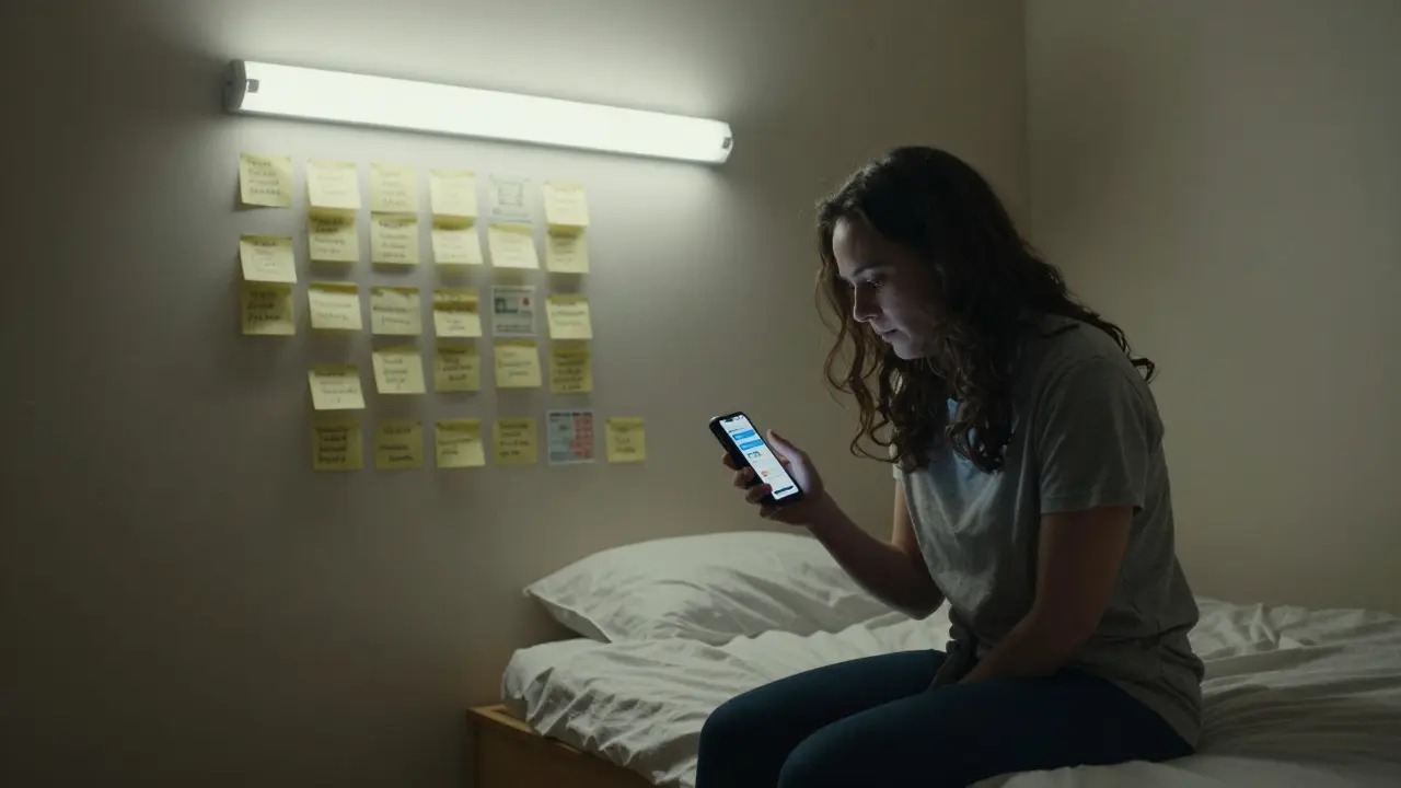 Woman in a quiet apartment holding a burner phone, surrounded by notes of fake identities.