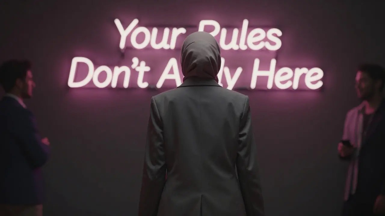 Woman in blazer walking away from a Dubai party, hijab visible, neon sign glowing with &#039;Your Rules Don’t Apply Here&#039;.