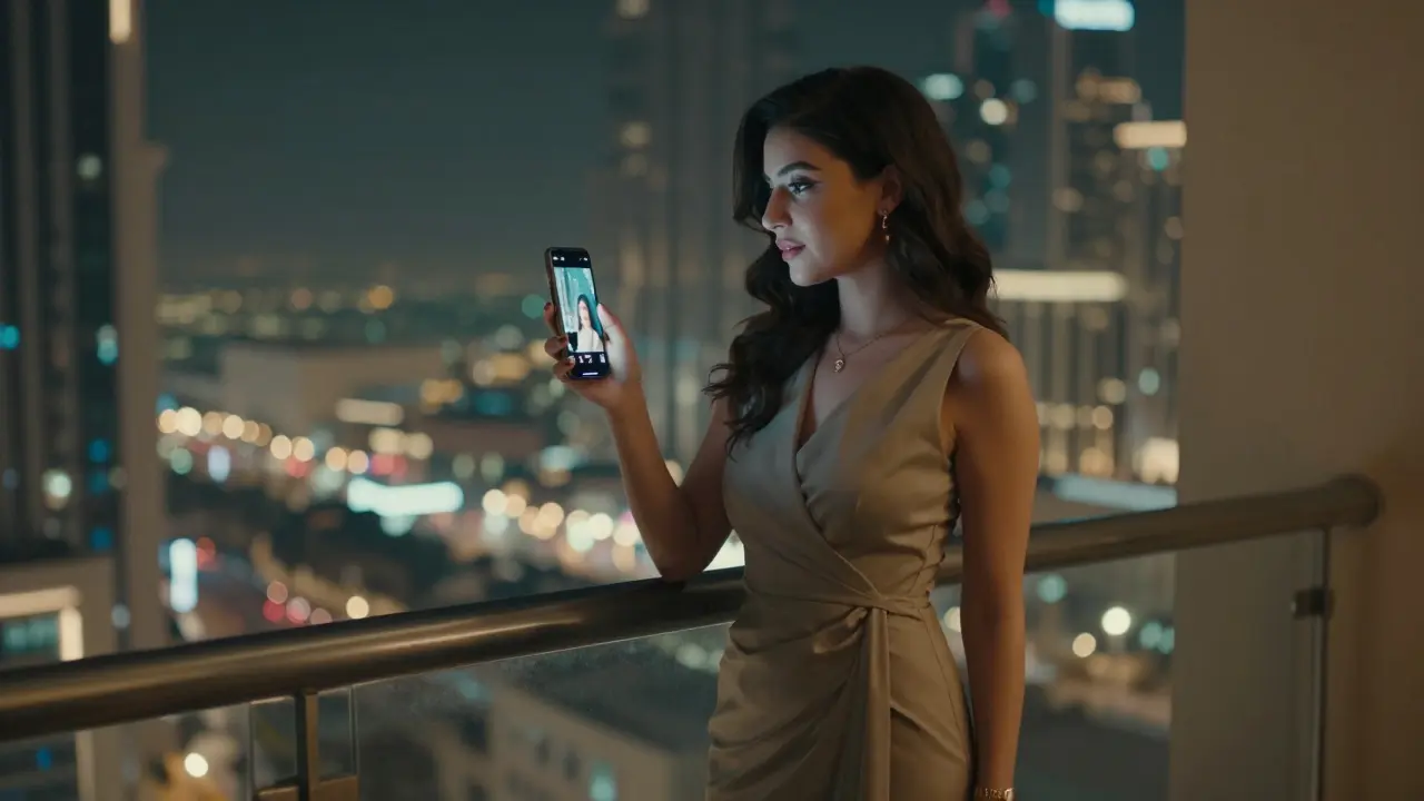 Woman on a Dubai hotel balcony holding a smartphone with tasteful lifestyle photo.