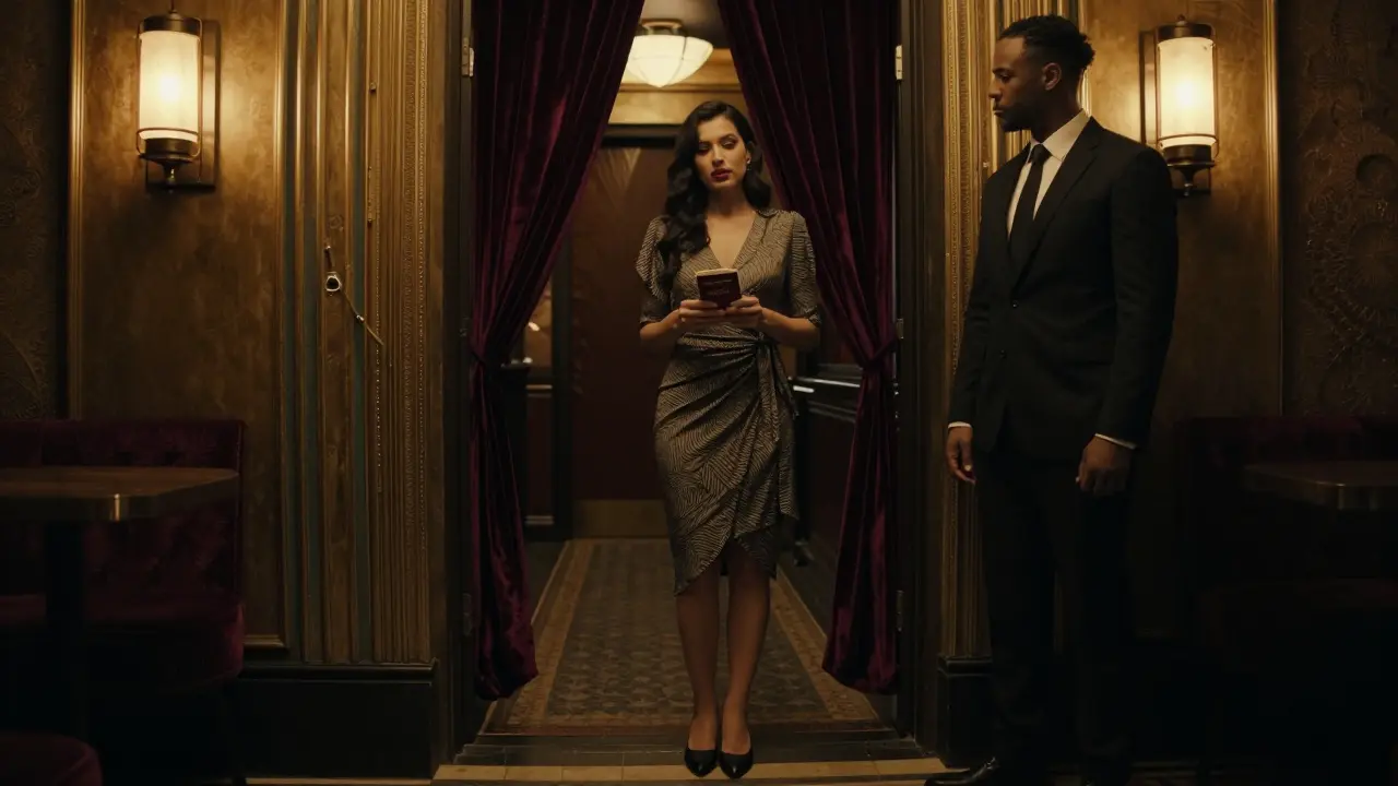 Woman showing ID at the entrance of a hidden speakeasy in Downtown Dubai, dimly lit with warm tones.