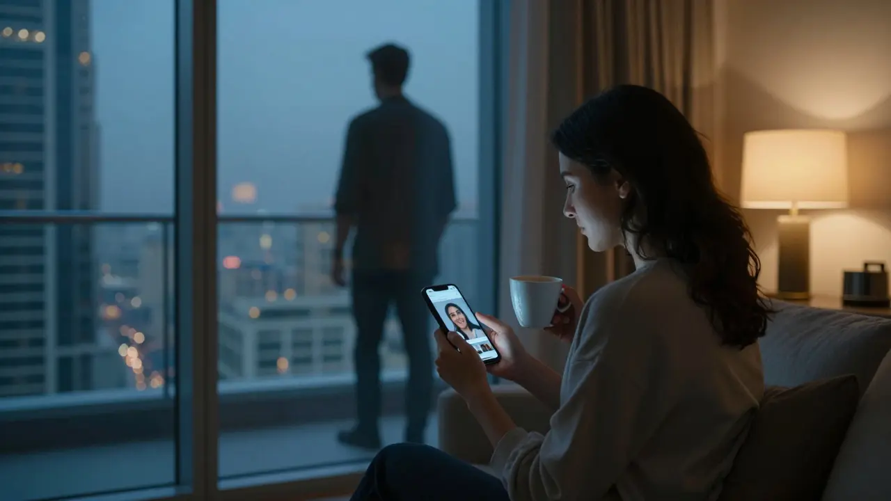 Woman sitting alone in a Dubai apartment, smartphone showing a smiling selfie, with a man's silhouette entering behind her.