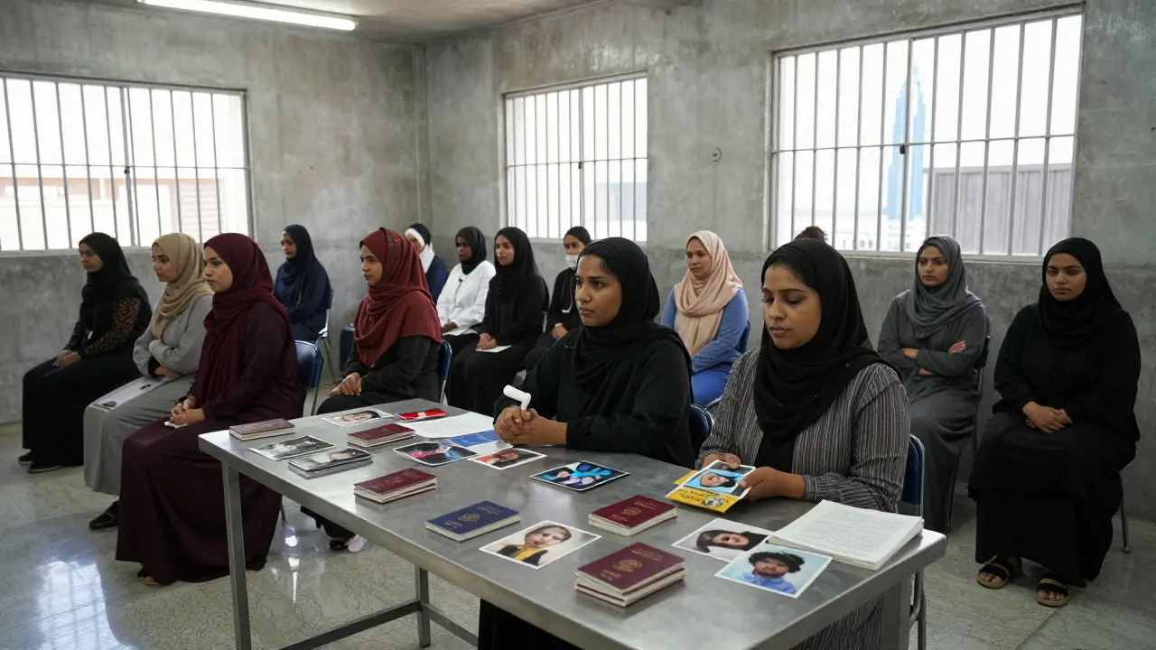 Women sit silently in a detention center, their passports and belongings on a table, under harsh fluorescent lights.