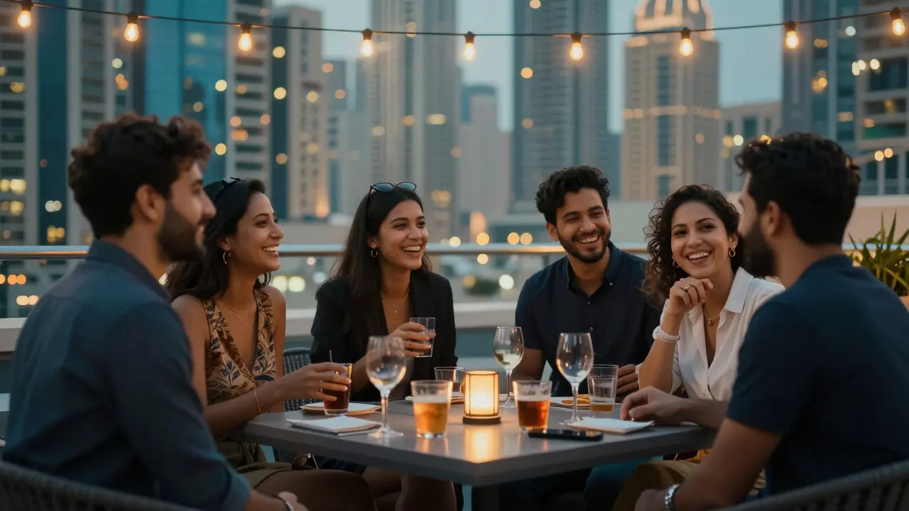 Young professionals at a private rooftop gathering in Dubai, laughing under string lights.