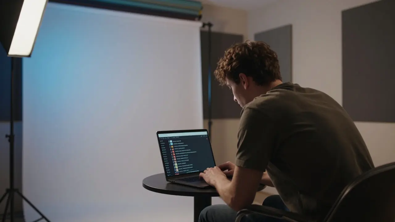 A cam performer in a soundproofed room, engaging with viewers through a laptop under careful lighting.