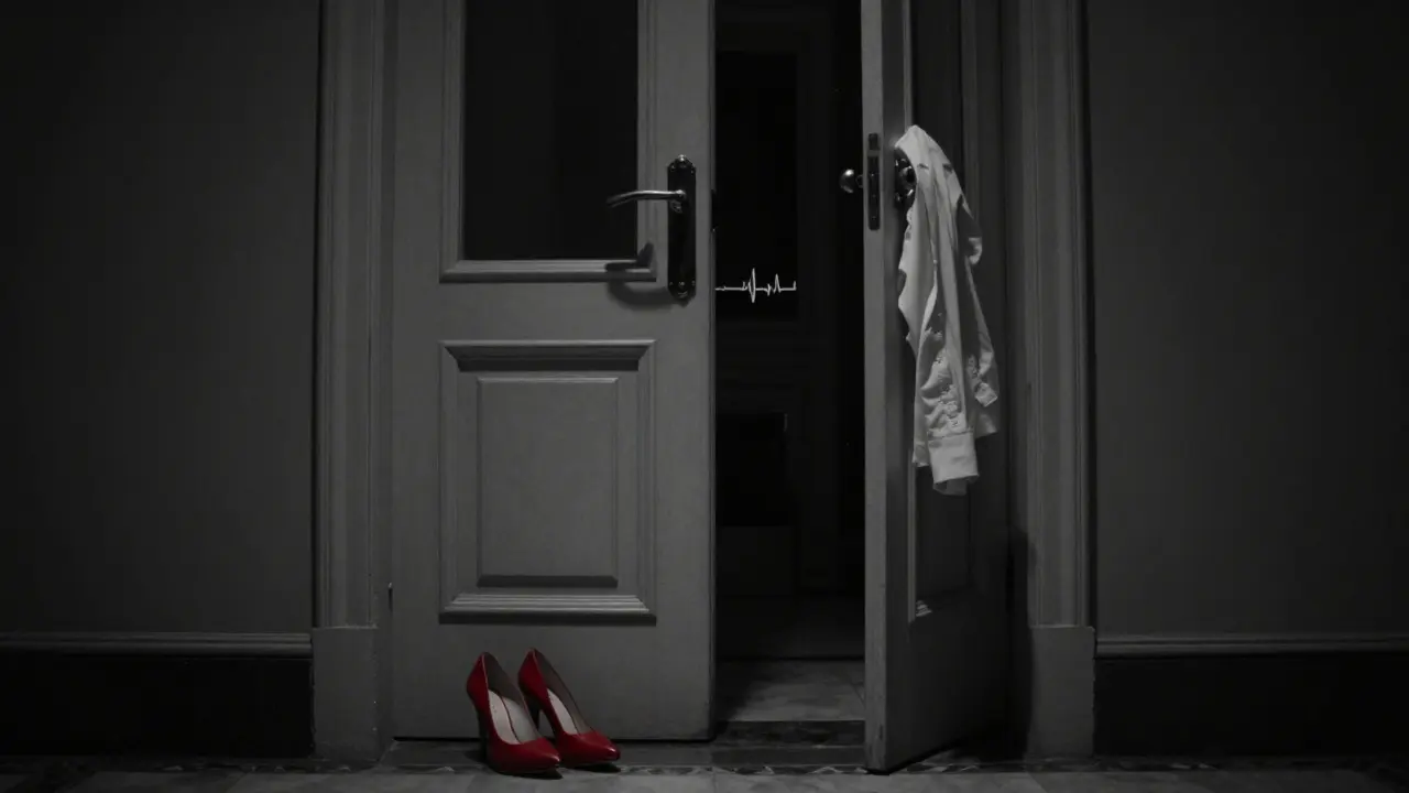 A closed door with shoes and a shirt outside, hinting at an unseen intimate moment.