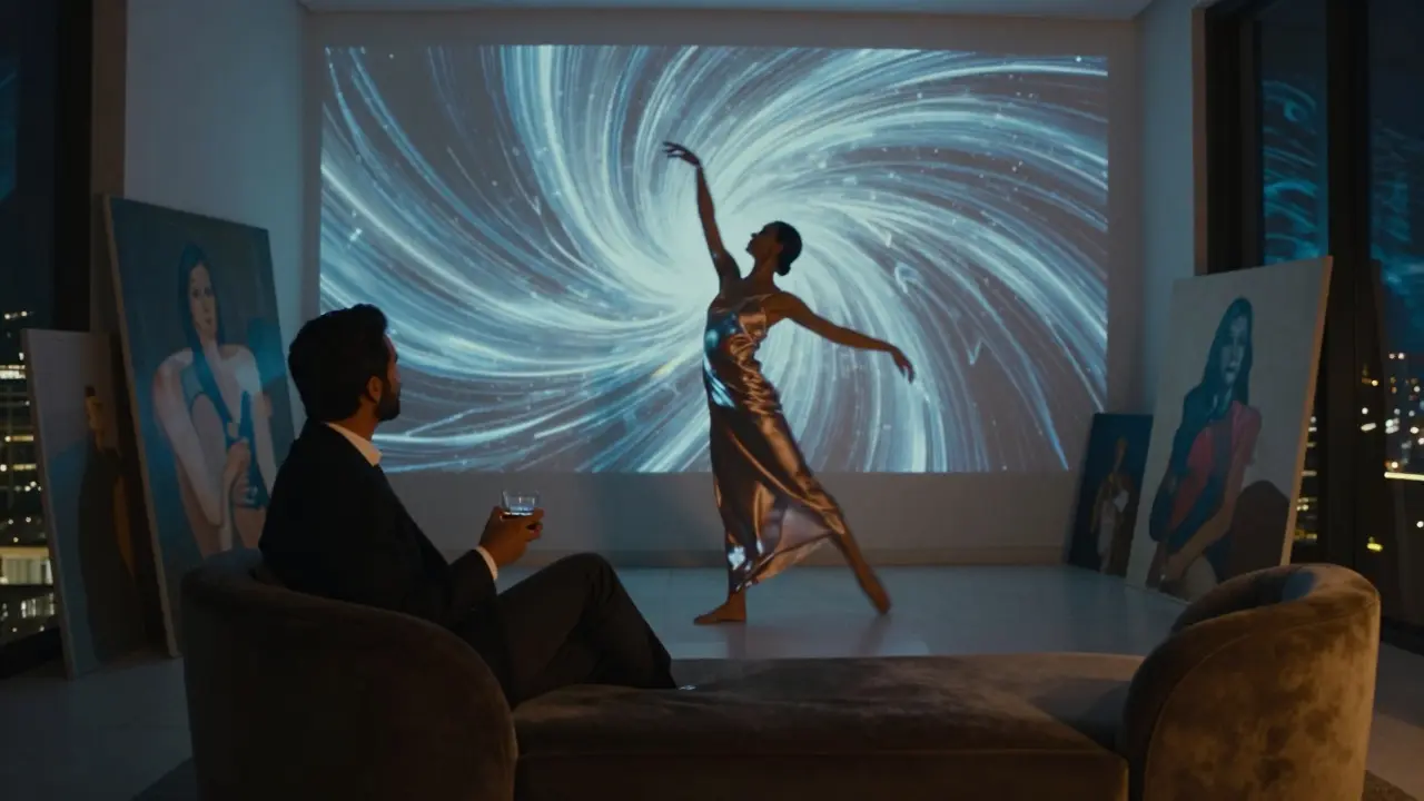 A dancer in silk moves under digital projections in a luxury penthouse, watched silently by a lone collector in the shadows.