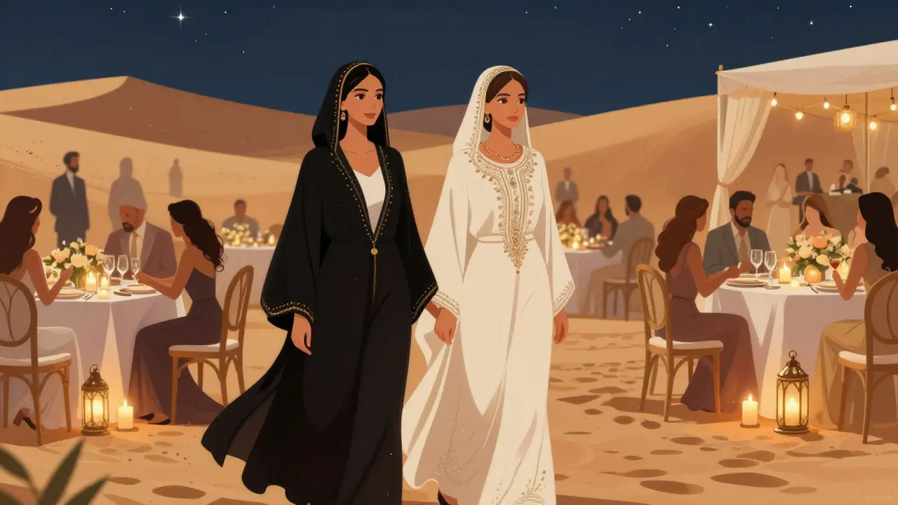 A female executive and her companion enter a desert wedding reception in Dubai, surrounded by lanterns and golden sands.