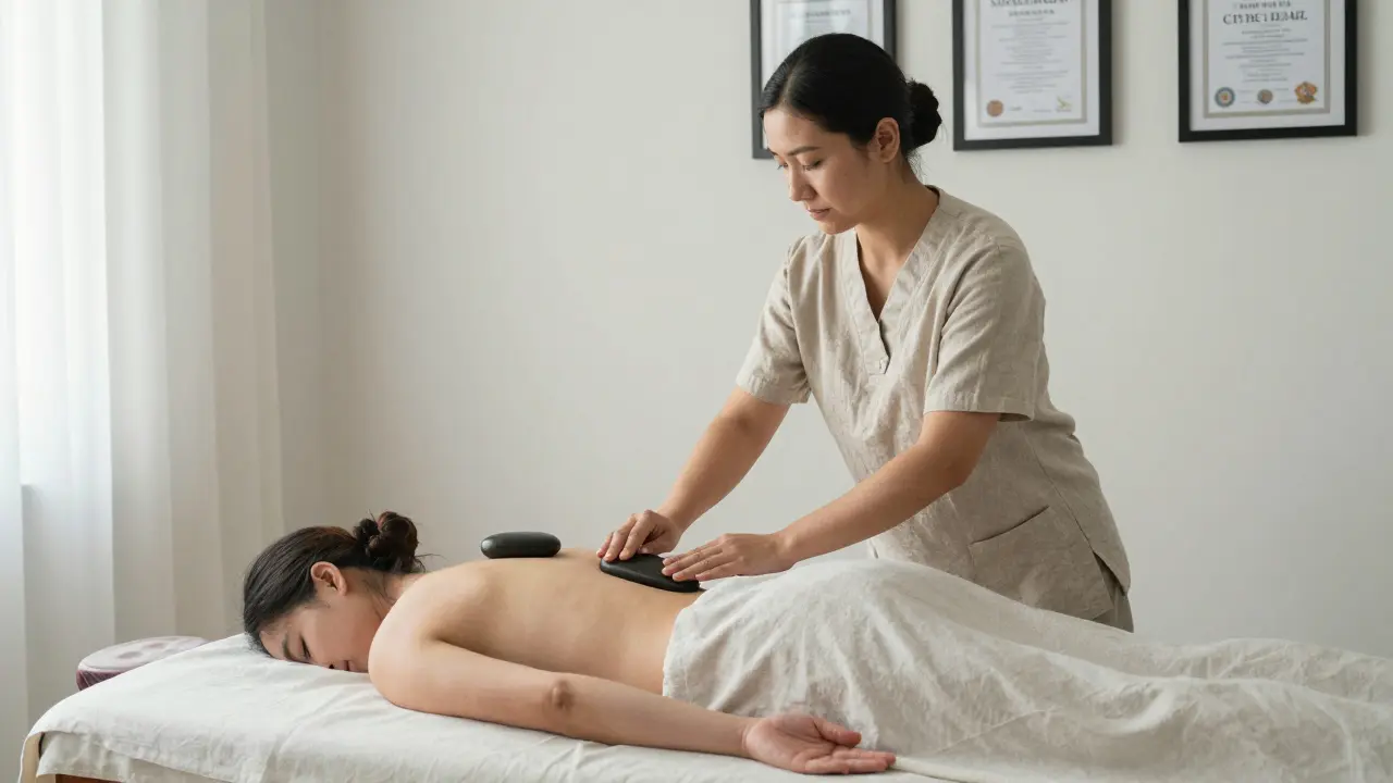 A female therapist gently placing a heated stone on a client's back during a professional bodywork session, covered by a drape.